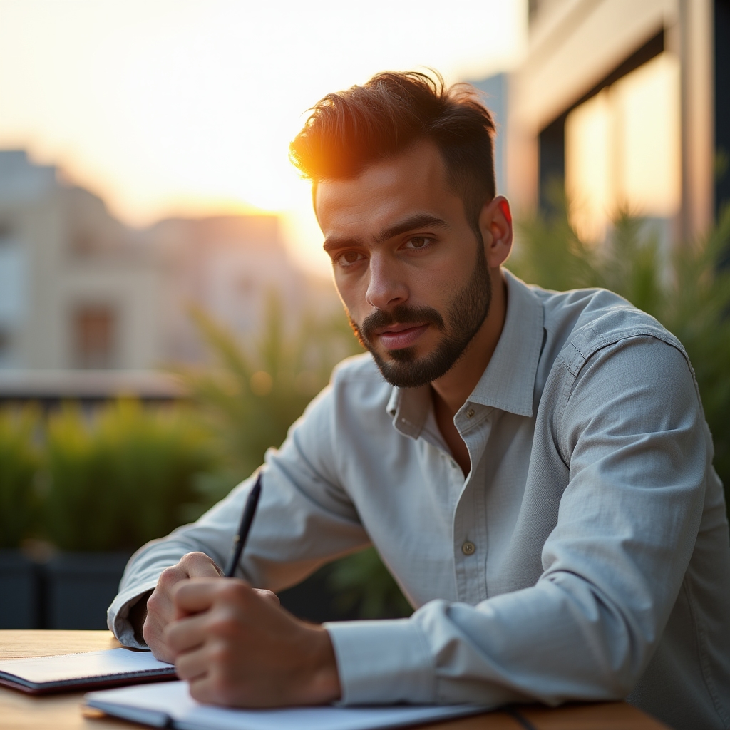Fachexperte bei analytischer Arbeit auf Dachterrasse